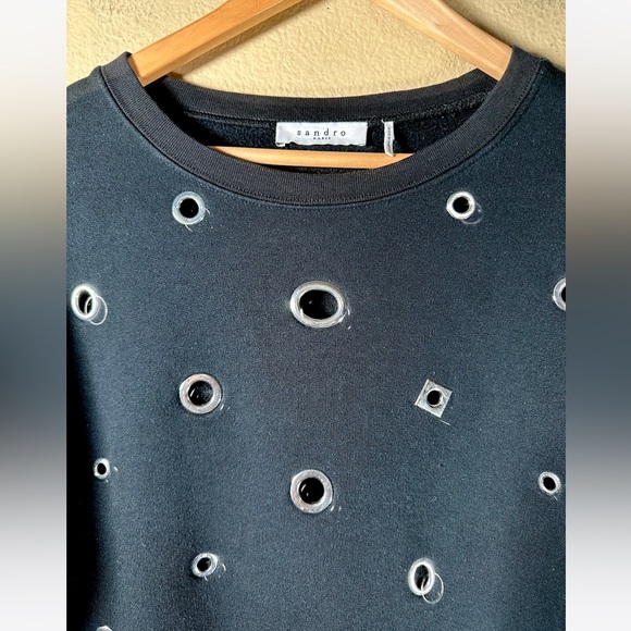 SANDRO Paris Crewneck Sweatshirt With Silver Grommet Eyelets Black - Picture 3 of 9